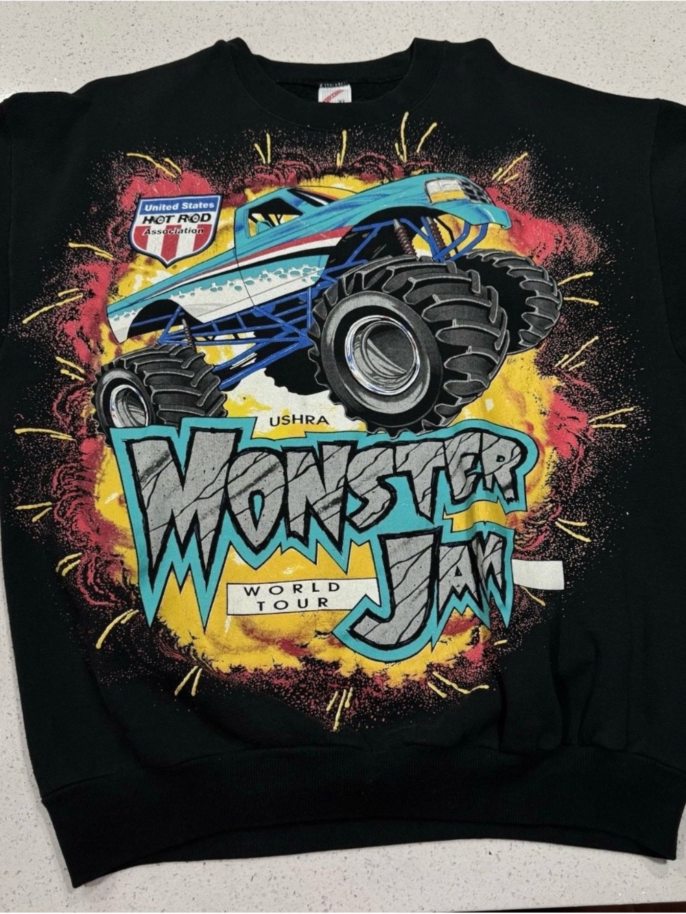 RARE Vintage 1995 USHRA Monster Jam World Tour All Over Print Sweatshirt XL 90s